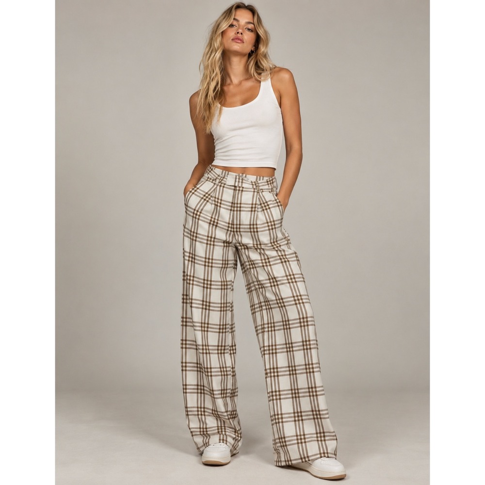 Princess Polly Pants 4 Brown Cream Plaid Wide Leg High Waisted Dark Academia